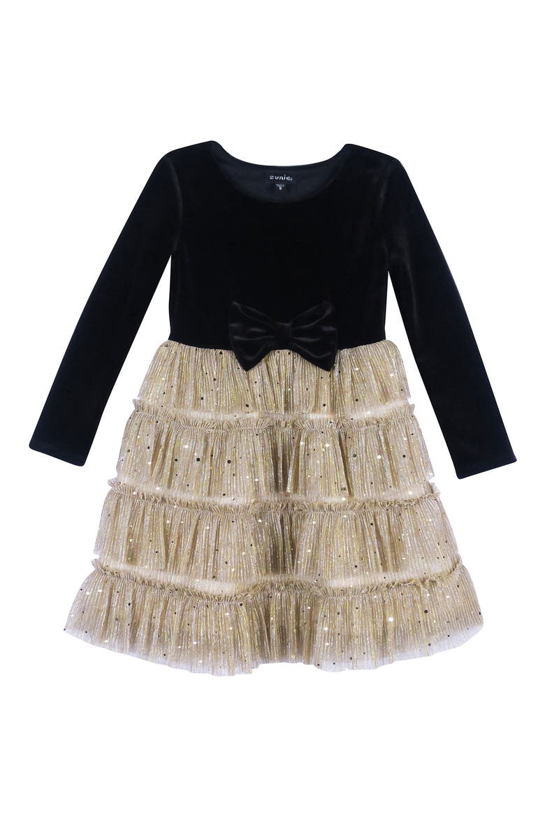 Kids' Long Sleeve Plissé Tiered Dress, Main, color, GOLD/BLACK