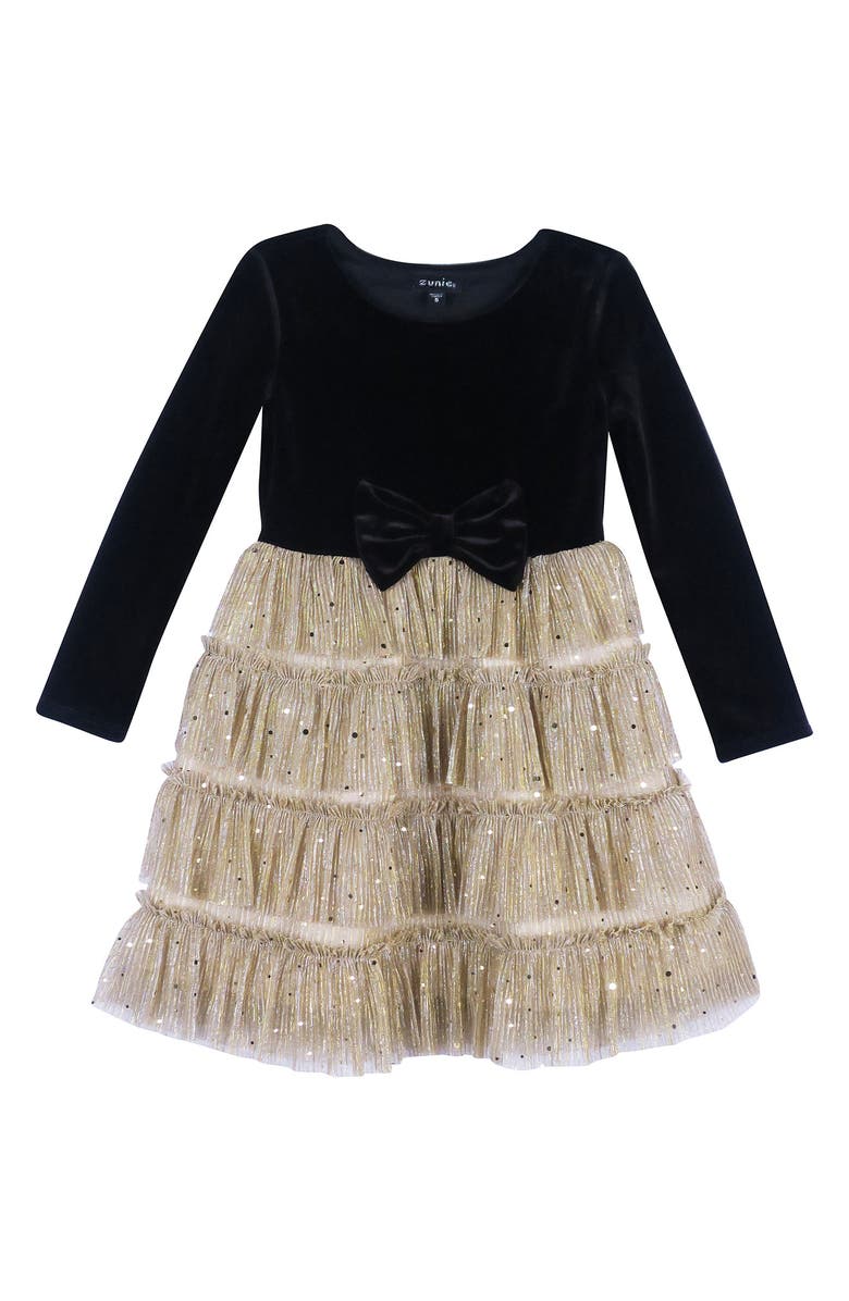 Zunie Kids' Long Sleeve Plissé Tiered Dress, Main, color, Gold/Black