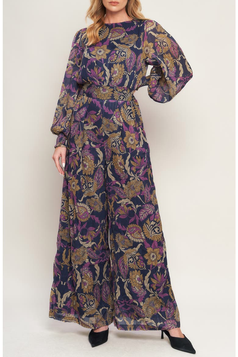 Floral Plissé Jumpsuit, Main, color, NAVY