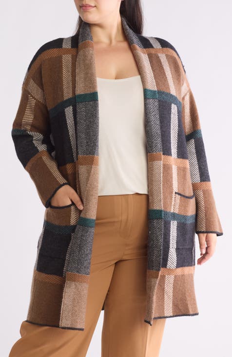 Plaid Shawl Collar Cardigan (Plus)