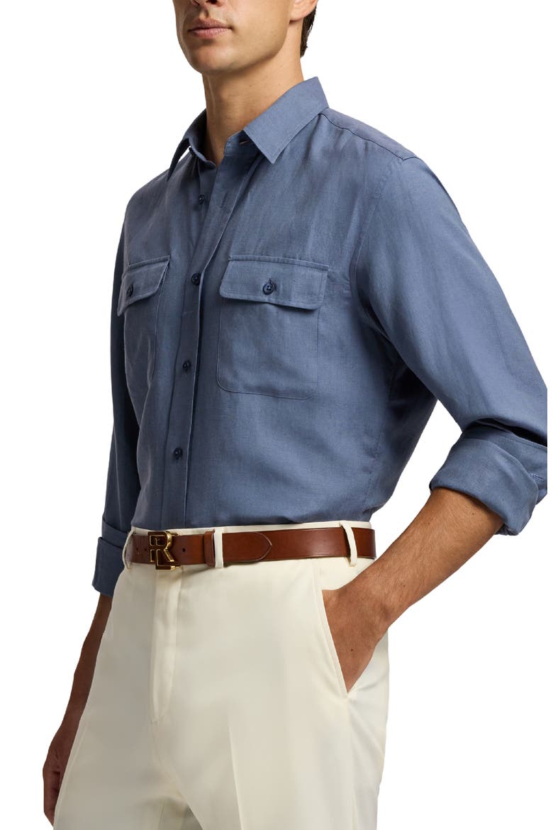Silk & Linen Button-Up Shirt, Alternate, color, VINTAGE INDIGO