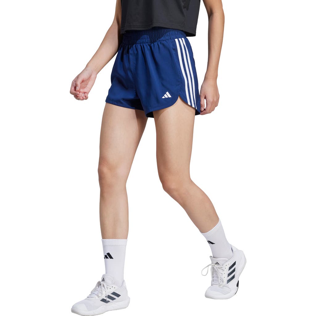 Shop Adidas Originals Adidas Pacer High Waist Recycled Polyester Shorts In Dark Blue/white