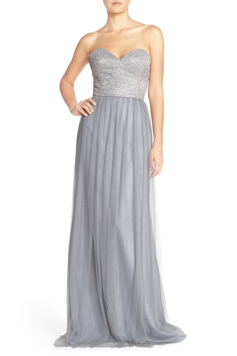 Strapless Metallic Lace & Net Gown, Main, color, SILVER/ PEWTER