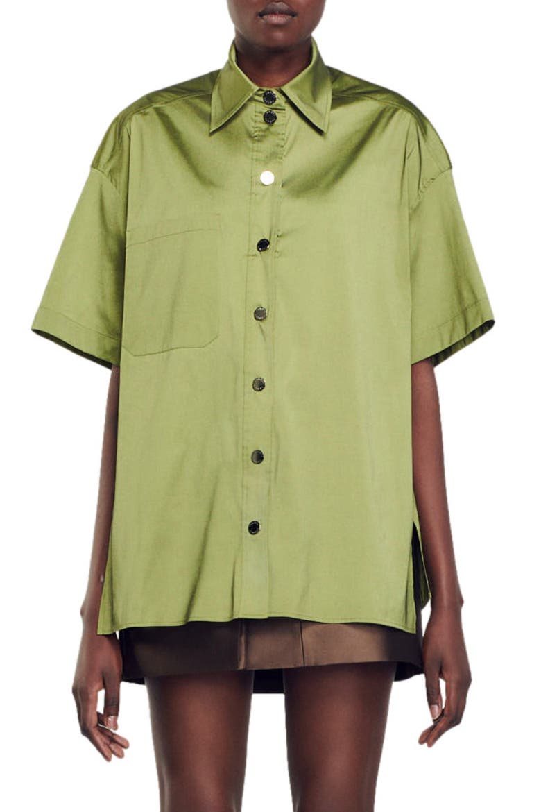 Cacao Oversize Short Sleeve Satin Shirt, Main, color, LIGHT KAKI