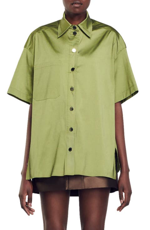 Cacao Oversize Short Sleeve Satin Shirt