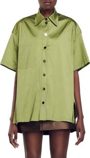 SANDRO Cacao Oversize Short Sleeve Satin Shirt