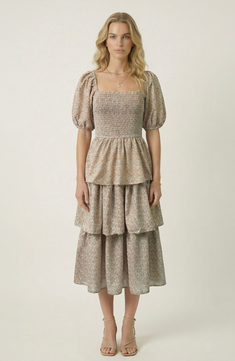 Smocked Tiered Puff Sleeve Maxi Dress