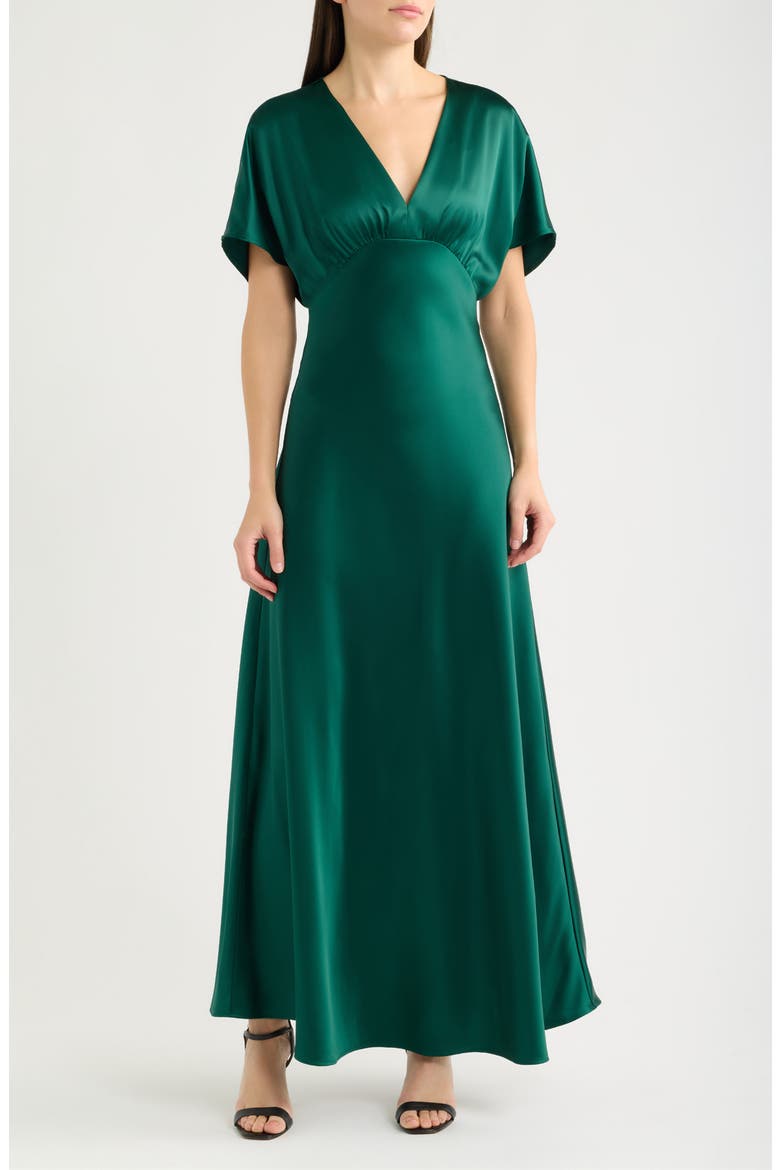 Dolman Sleeve Satin Cocktail Midi Dress, Main, color, DARK FOREST