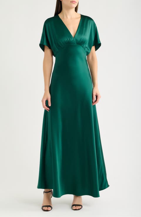 Dolman Sleeve Satin Cocktail Midi Dress