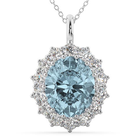 Oval Aquamarine & Diamond Halo Pendant Necklace 14k