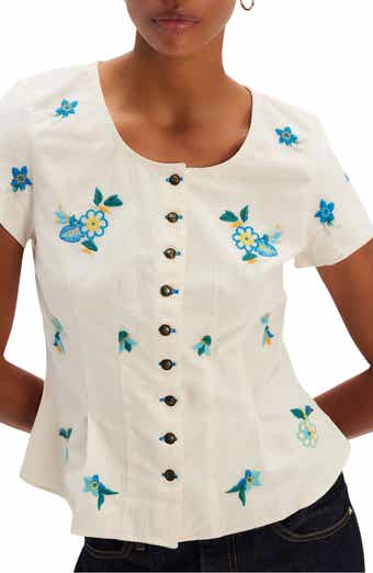 Free People Kelly Floral Embroidered Cotton Peplum Top