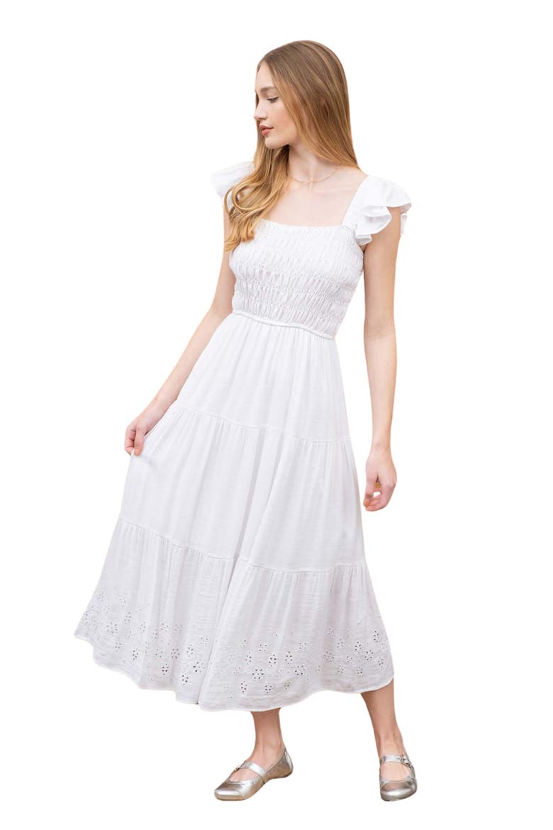 Eyelet Flutter Sleeve Midi Dress, Alternate, color, WHITE