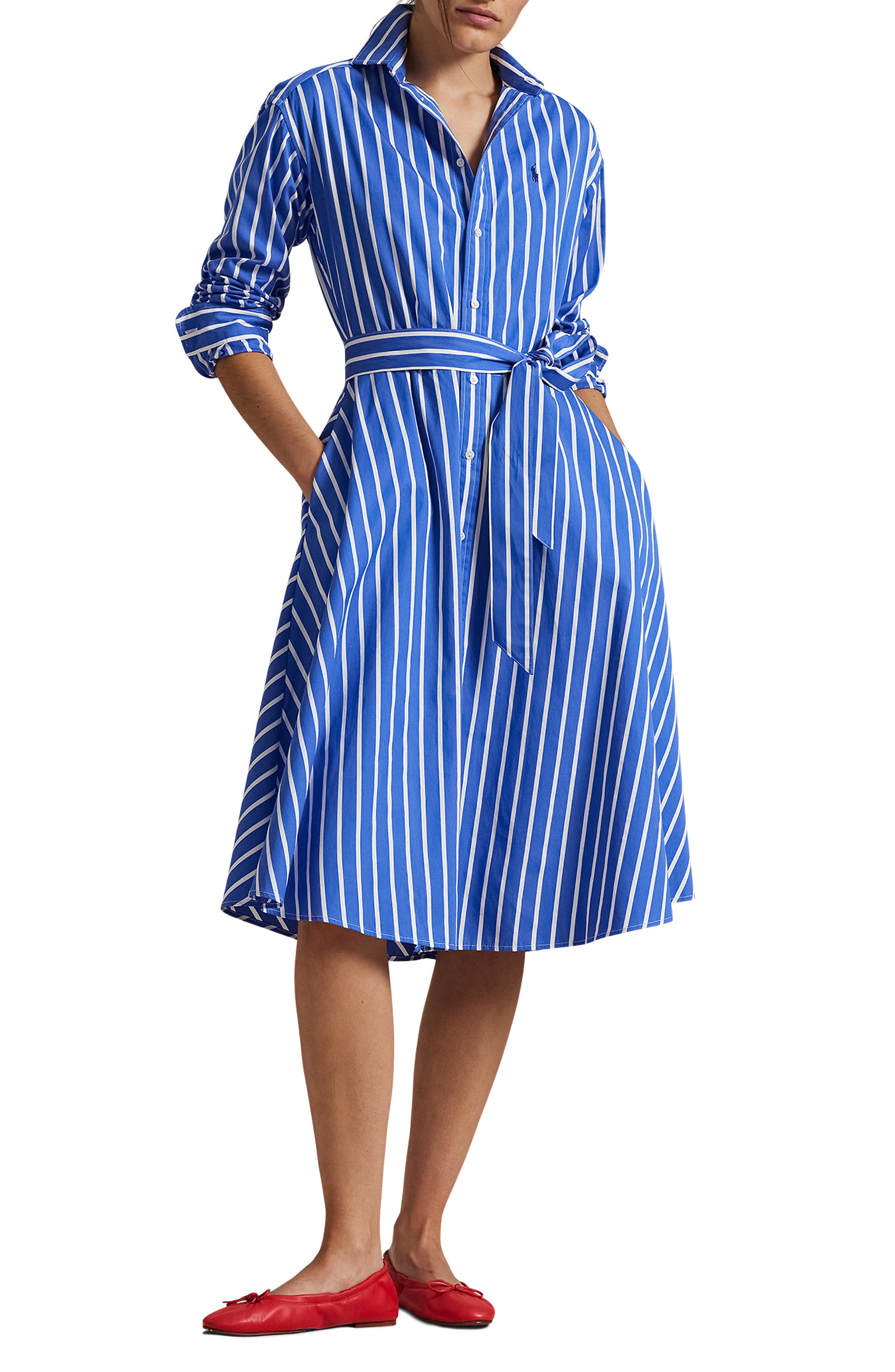 blue and white striped long sleeve dress Blue & White Stripe Collared Long Sleeve Mini Shirt Dress