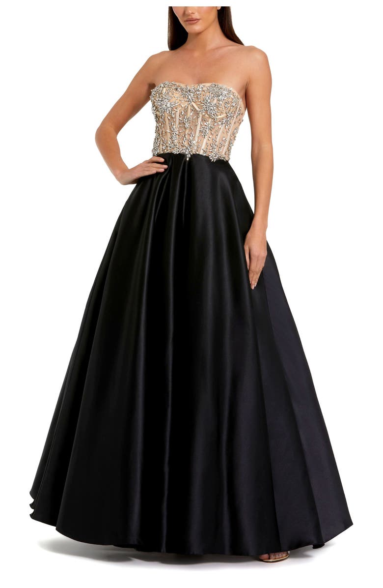 Mac Duggal Strapless Embellished Bustier Ball Gown, Main, color, Black