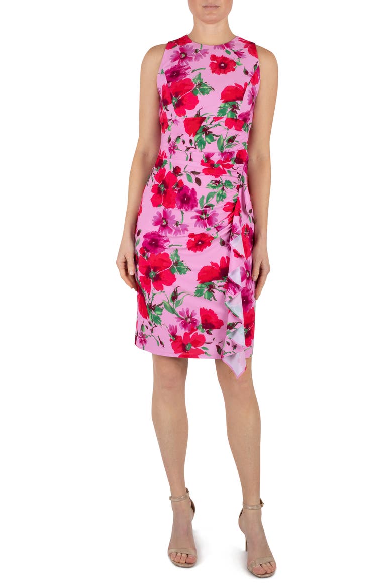 Floral Print Ruffle Detail Jersey Dress, Main, color, PINK MULTI