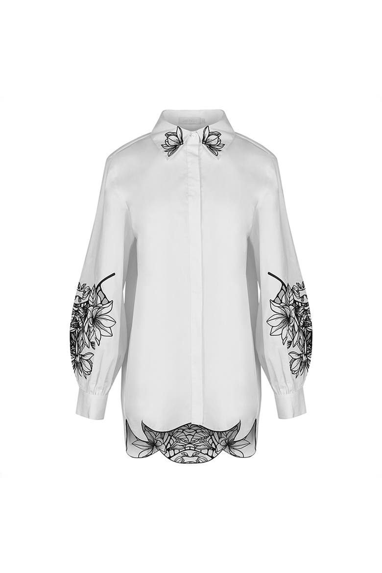 Women's Shirt  Leonie White Long Sleeve Cotton Poplin Shirt With Black Embroidered Flowers, Main, color, Black/White