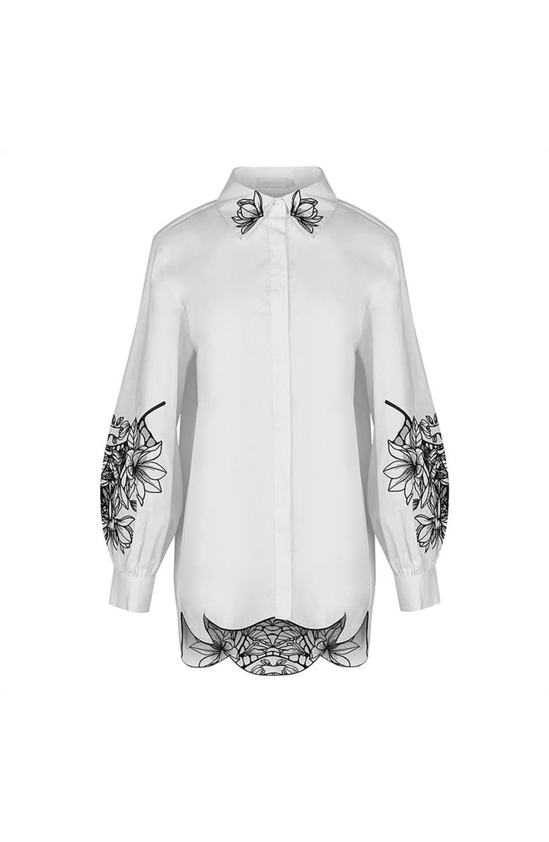 Anne Fontaine Women's Shirt  Leonie White Long Sleeve Cotton Poplin Shirt With Black Embroidered Flowers, Main, color, Black/White