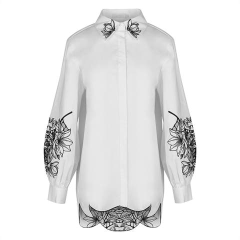 Women's Shirt  Leonie White Long Sleeve Cotton Poplin Shirt With Black Embroidered Flowers