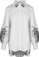 Anne Fontaine Women's Shirt  Leonie White Long Sleeve Cotton Poplin Shirt With Black Embroidered Flowers