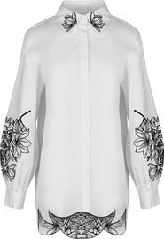 Anne Fontaine Women's Shirt Leonie White Long Sleeve Cotton Poplin Shirt With Black Embroidered Flowers