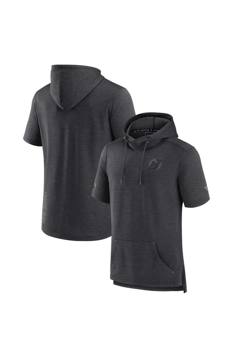 FANATICS Men's Fanatics Branded Heather Charcoal New Jersey Devils Authentic Pro Road Performance Short Sleeve Pullover Hoodie, Main, color, 