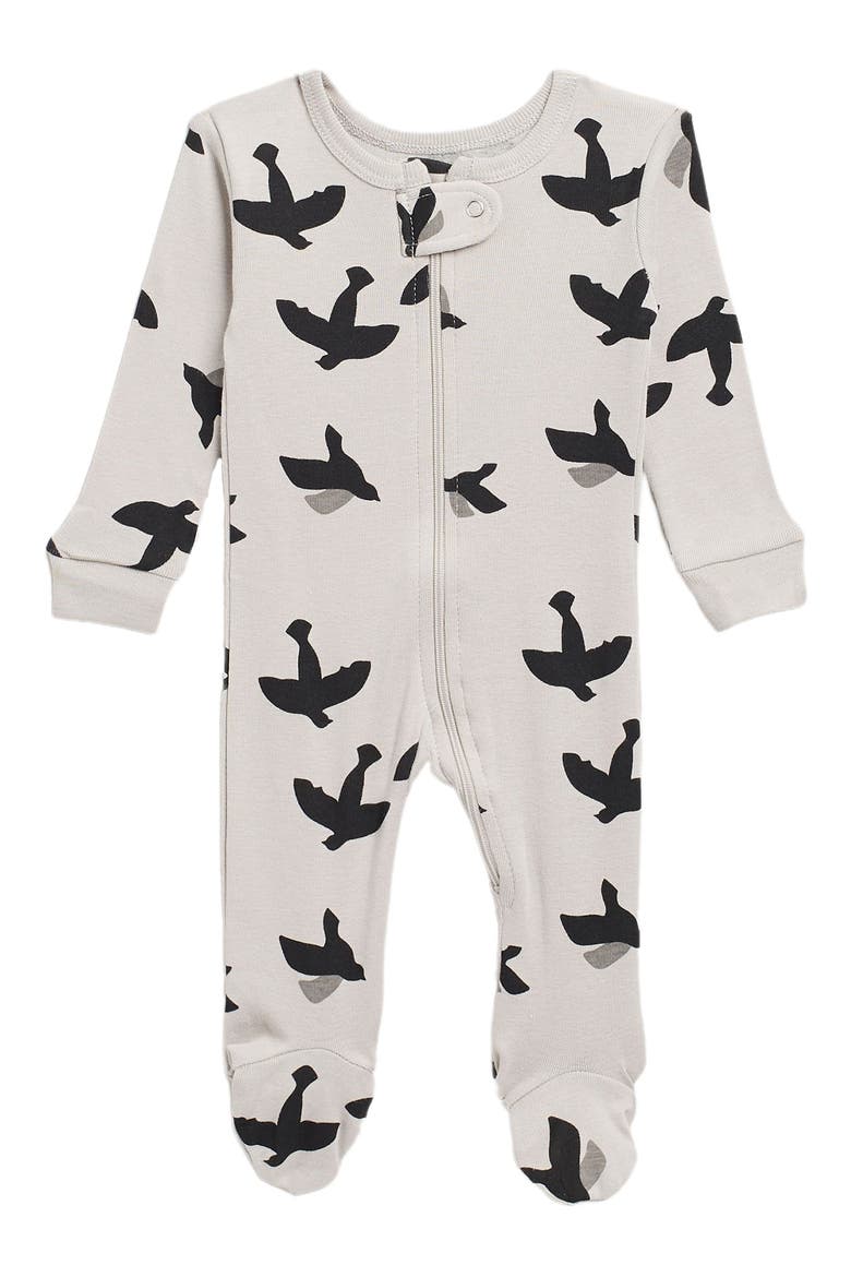 Bird Print Zip Pajama Footie, Main, color, GREY