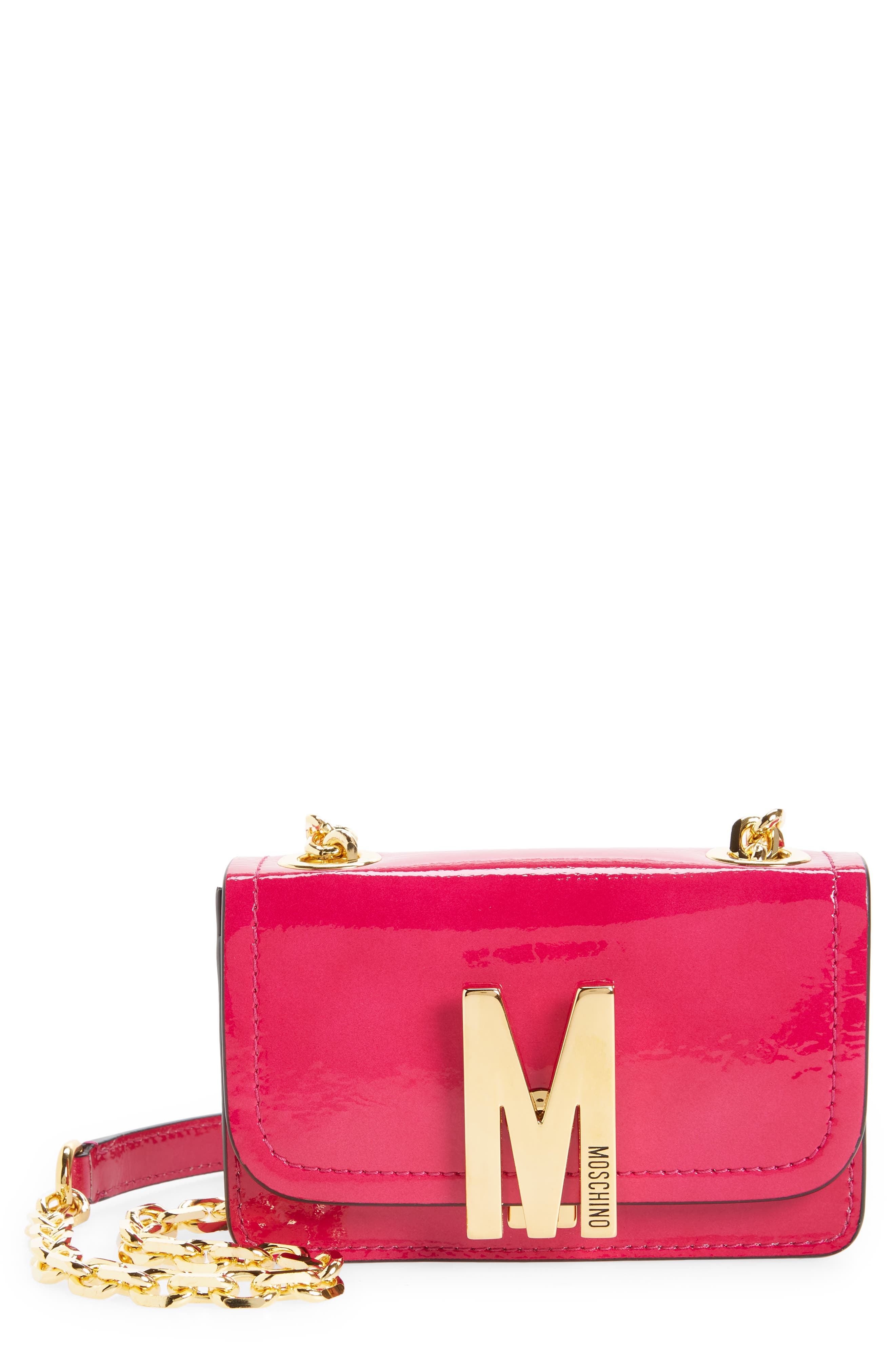 Moschino Mini M Logo Patent Leather Shoulder Bag, Main, color, 