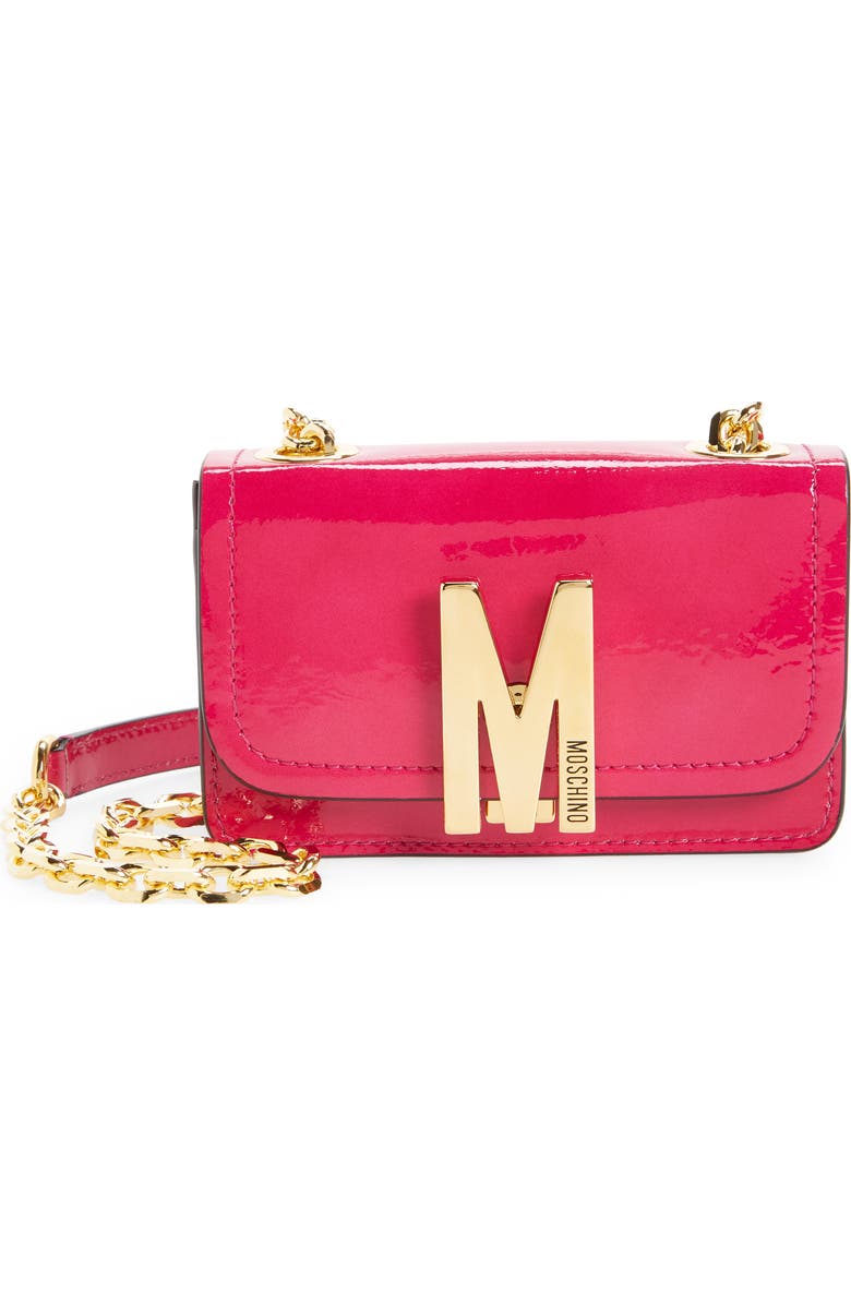 Moschino Mini M Logo Patent Leather Shoulder Bag, Main, color,