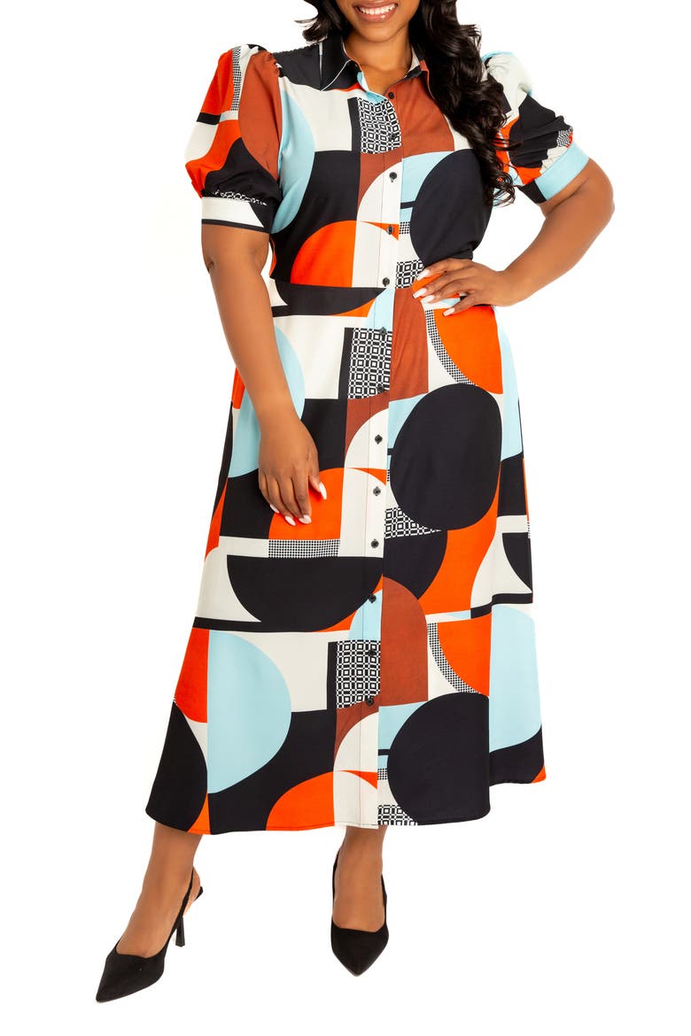 Geometric Print Puff Sleeve Shirtdress, Main, color, MULTI