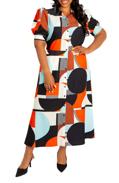 Geometric Print Puff Sleeve Shirtdress (Plus)