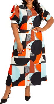 BUXOM COUTURE Geometric Print Puff Sleeve Shirtdress