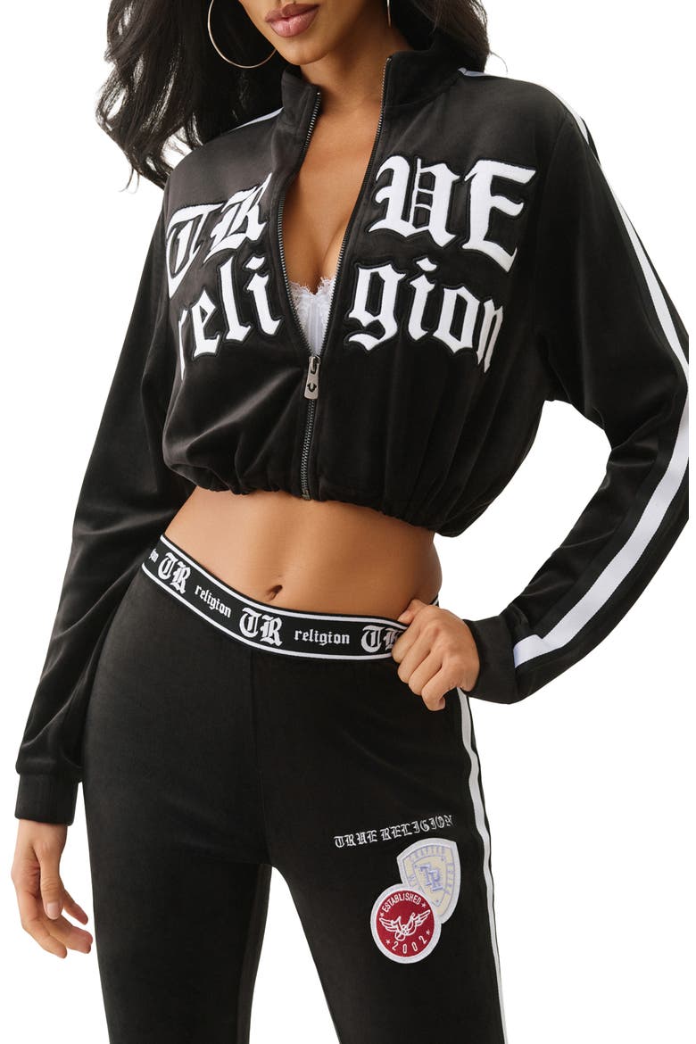 Crop Velour Track Jacket, Main, color, JET BLACK