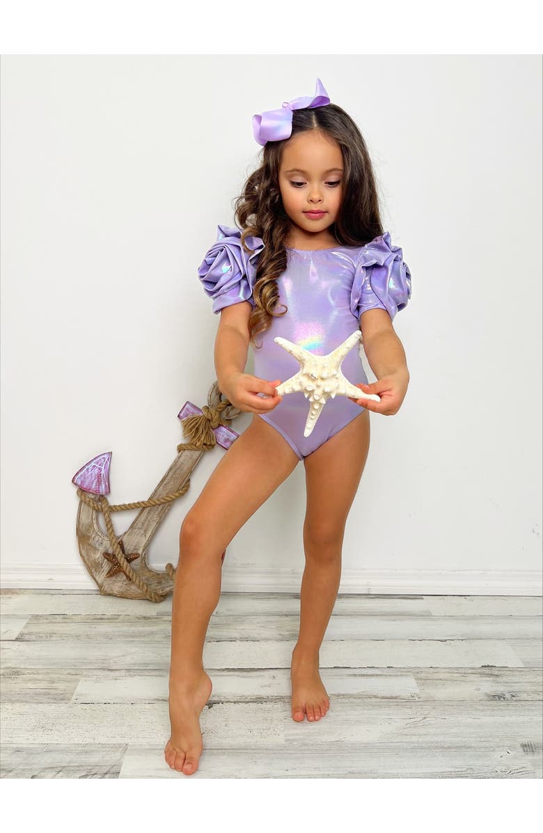 Mia Belle Girls Blooming Rose Sleeve Metallic One Piece Swimsuit, Alternate, color, Purple