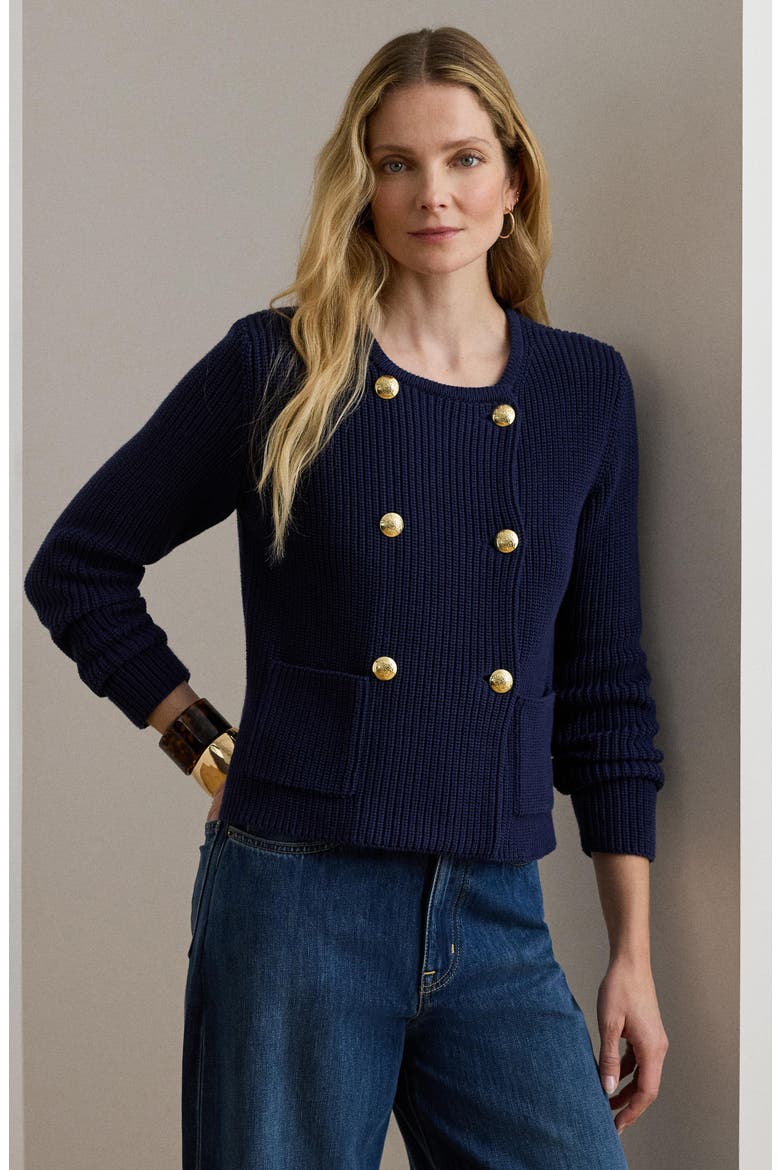 Double Breasted Combed Cotton Cardigan, Alternate, color, REFINED NAVY BLUE