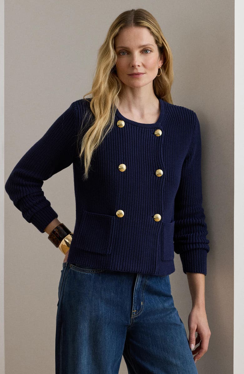 Lauren Ralph Lauren Double Breasted Combed Cotton Cardigan, Alternate, color, Refined Navy Blue