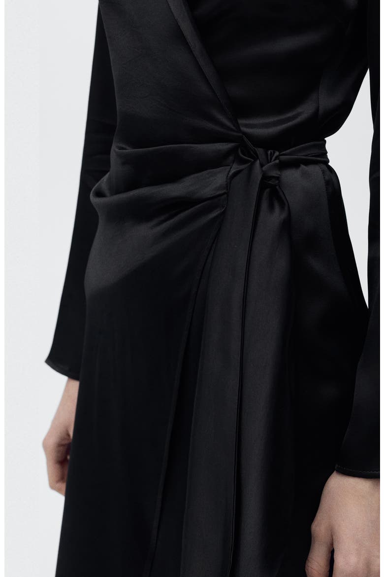 Long Sleeve Satin Wrap Midi Shirtdress, Alternate, color, BLACK