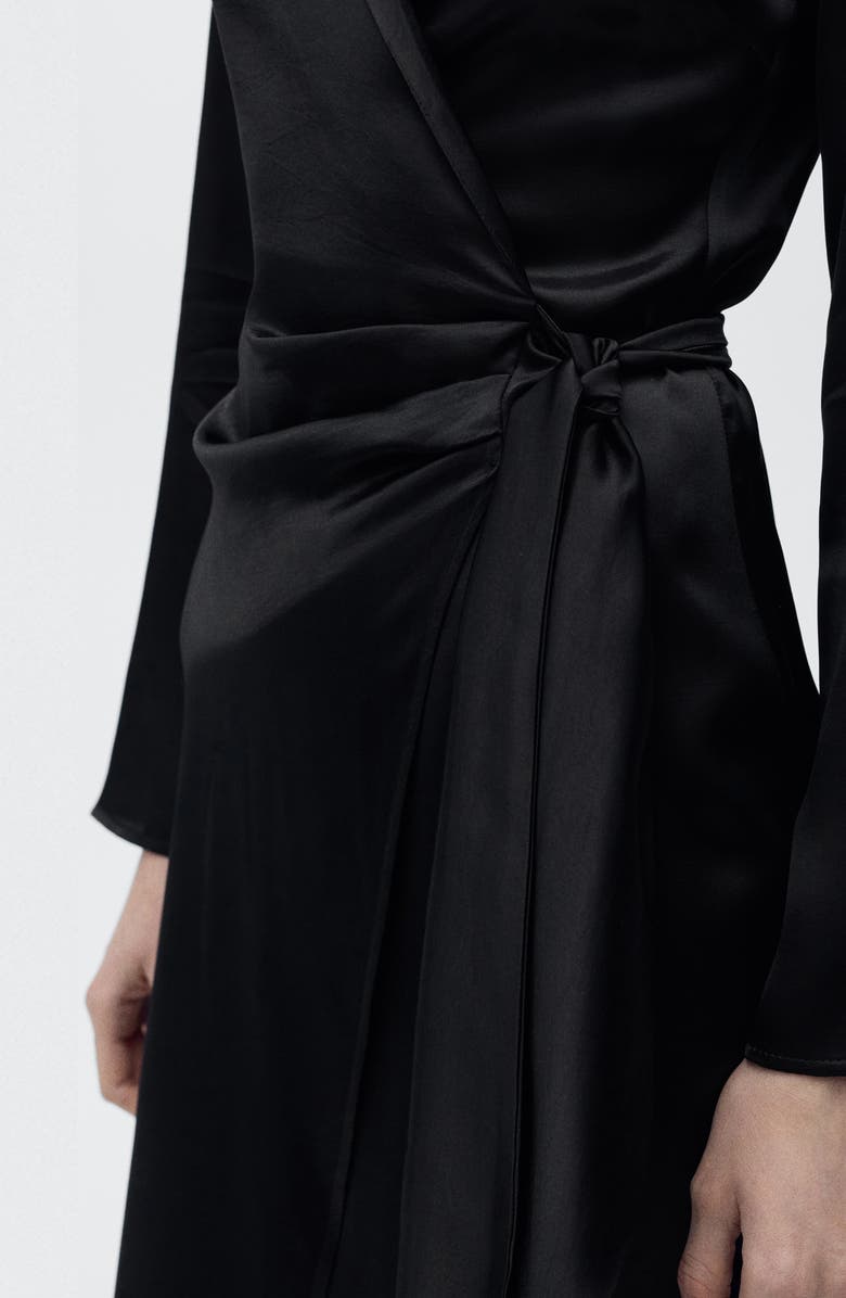 MANGO Long Sleeve Satin Wrap Midi Shirtdress, Alternate, color, Black