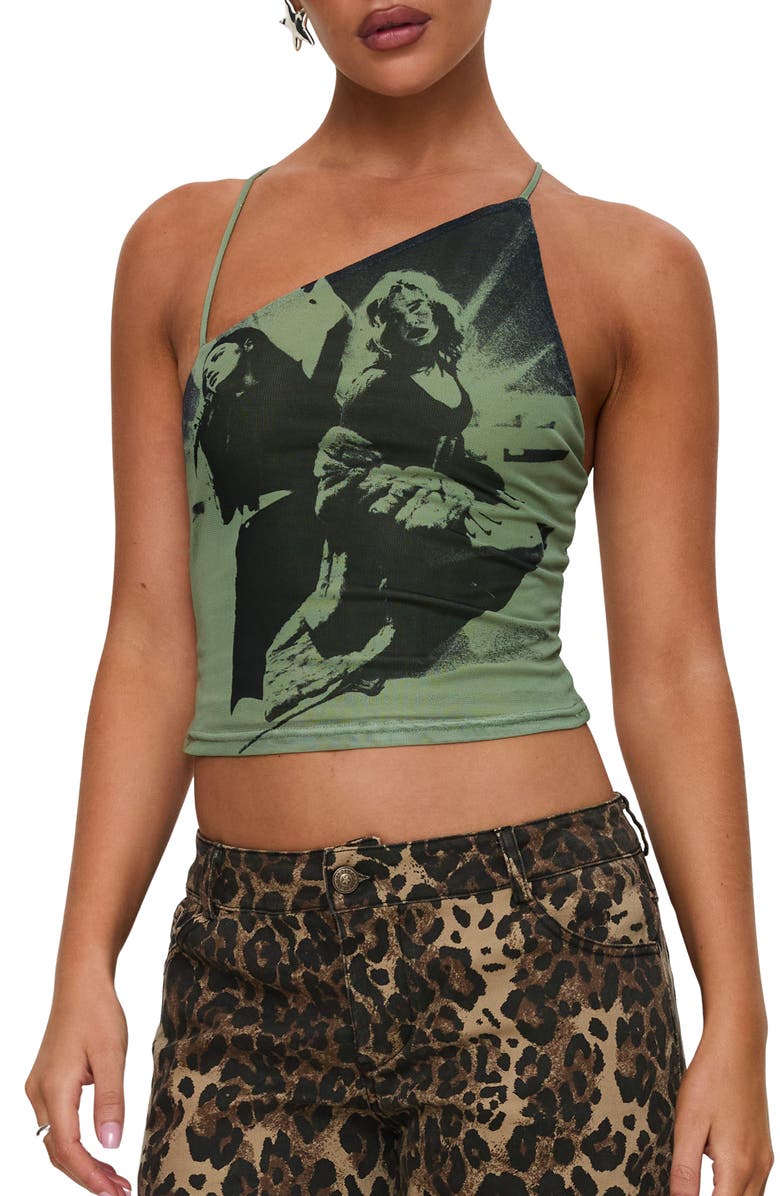 Princess Polly Miekie Asymmetric Graphic Camisole, Main, color, Green