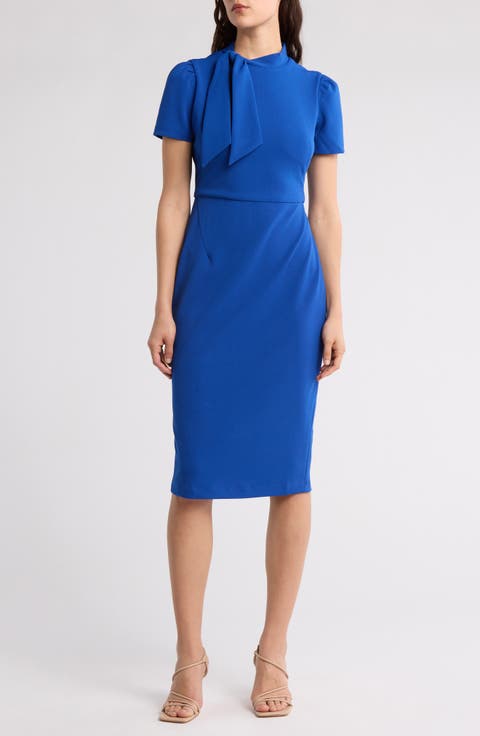 Tie Neck Puff Sleeve Scuba Crepe Dress