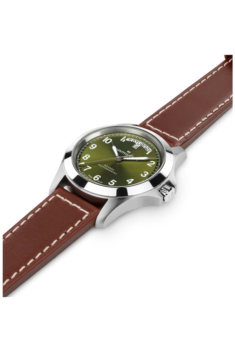 Khaki Field King Automatic Leather Strap Watch, 40mm, Alternate, color, GREEN