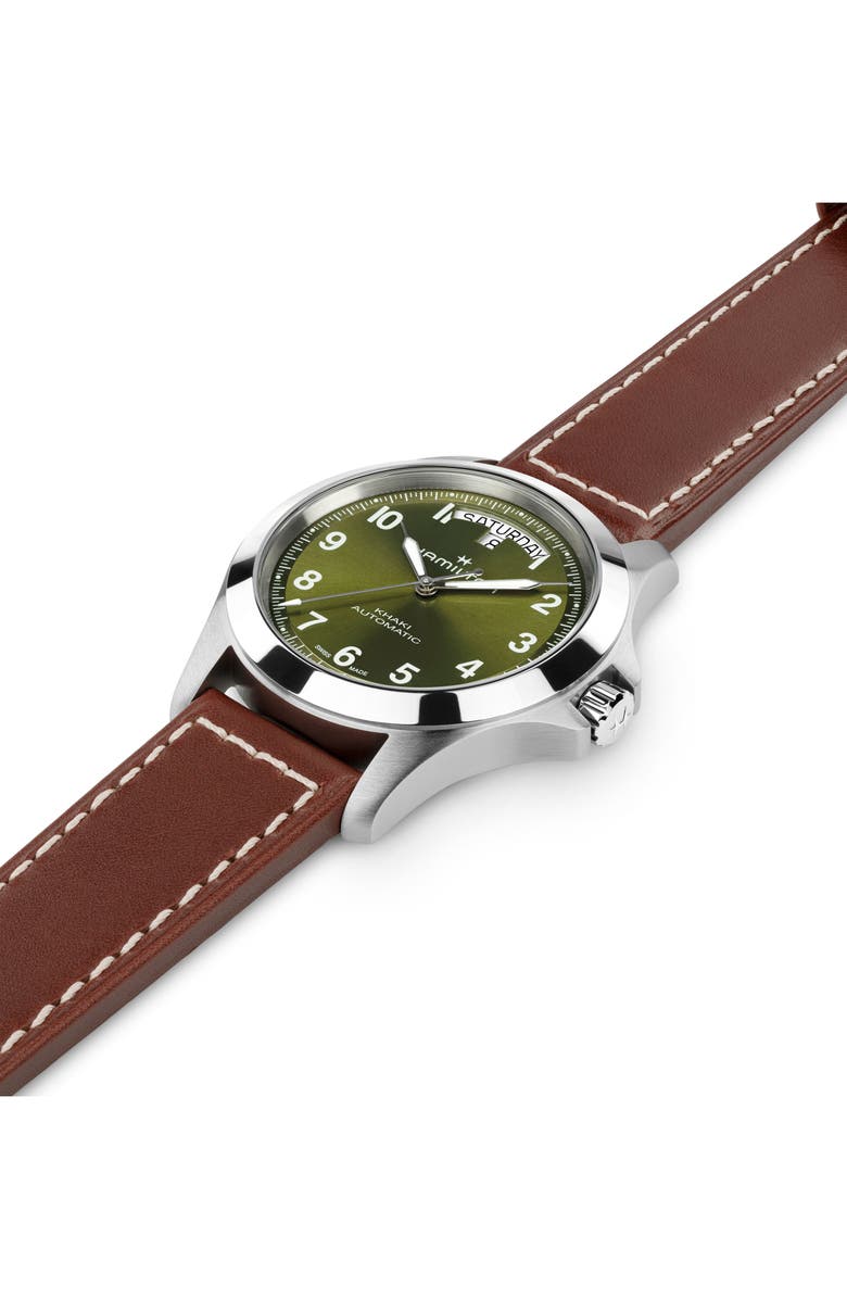 Hamilton Khaki Field Automatic Leather Strap Watch, Alternate, color, Green