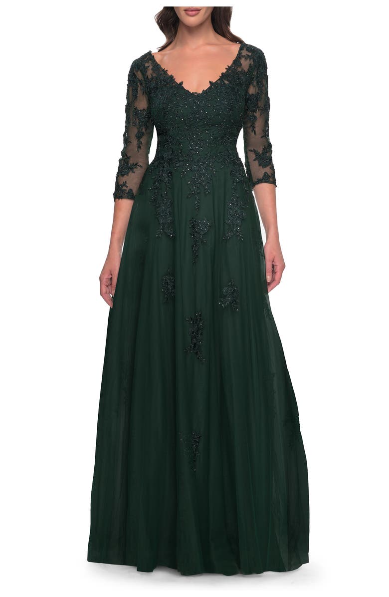 La Femme Tulle and Lace A-Line Dress with V Neckline, Main, color, Dark Emerald