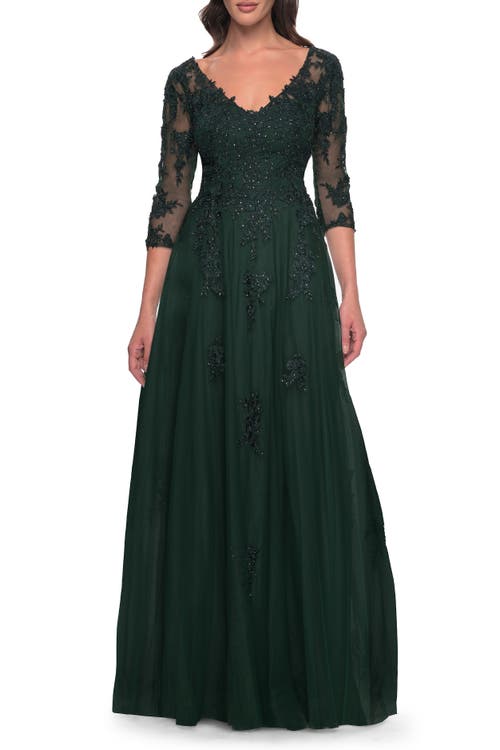 La Femme Tulle And Lace A-line Dress With V Neckline In Dark Emerald