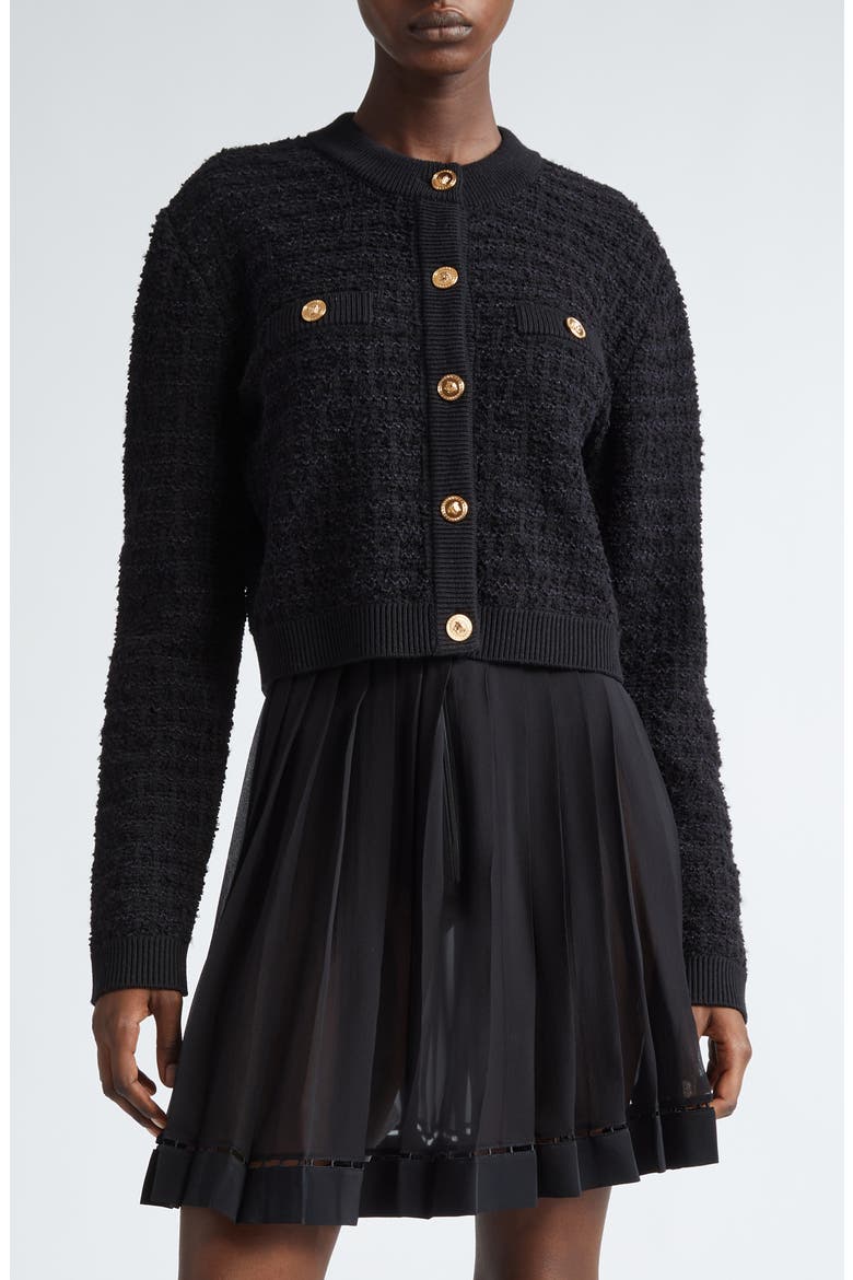 Wool Blend College Tweed Cardigan, Main, color, BLACK