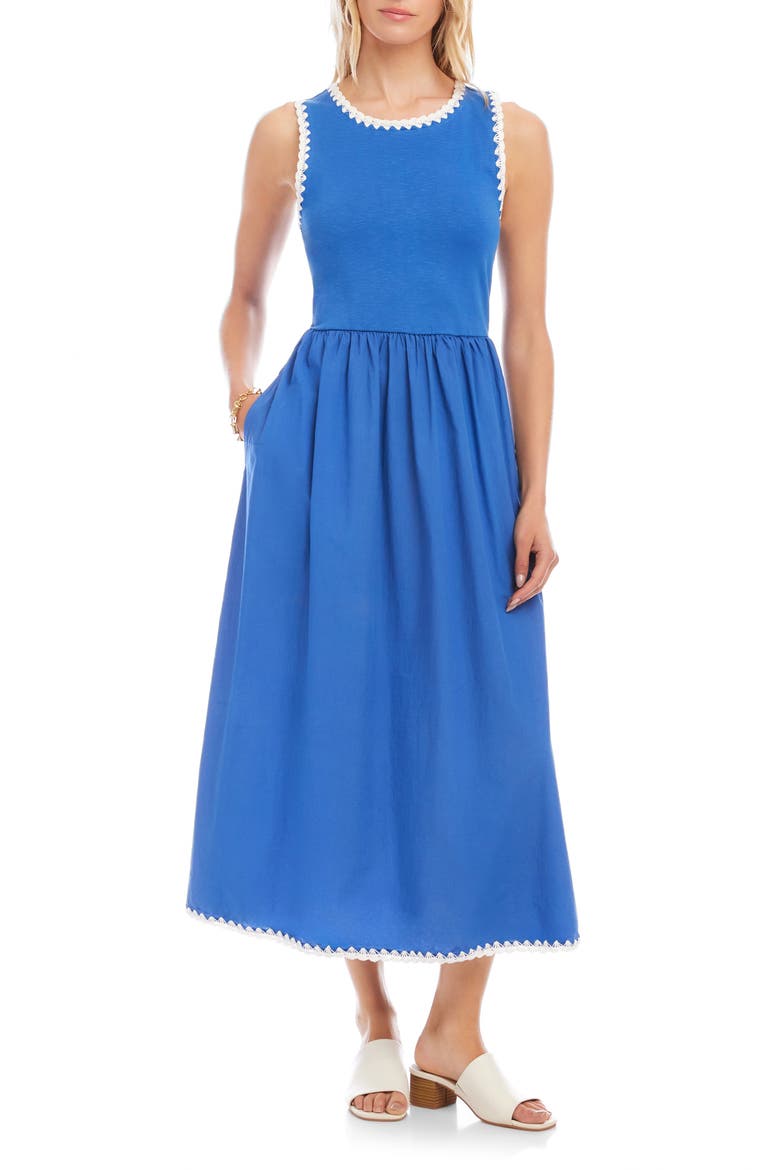 Edge Stitch Mixed Media Midi Dress, Main, color, BLUE