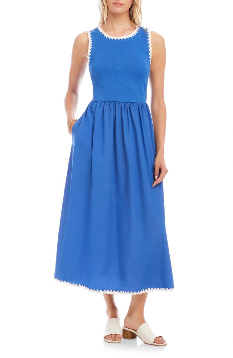 Karen Kane Edge Stitch Mixed Media Midi Dress, Main, color, Blue