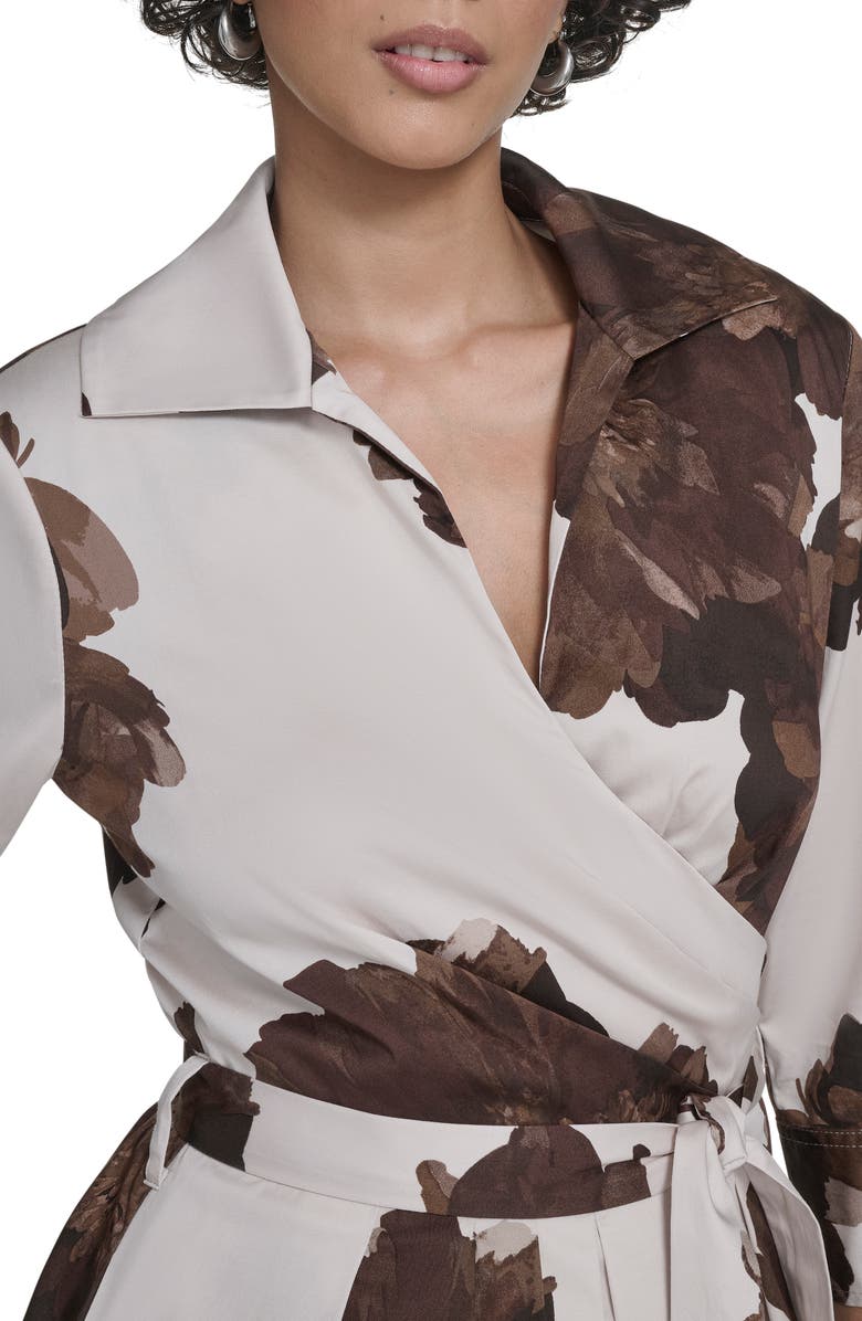 Calvin Klein Floral Stretch Cotton Wrap Dress, Alternate, color, Coffee Bean Multi