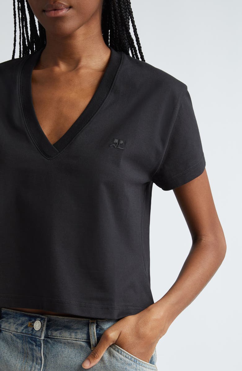 Courrèges Deep V-Neck Crop Cotton T-Shirt, Alternate, color, 