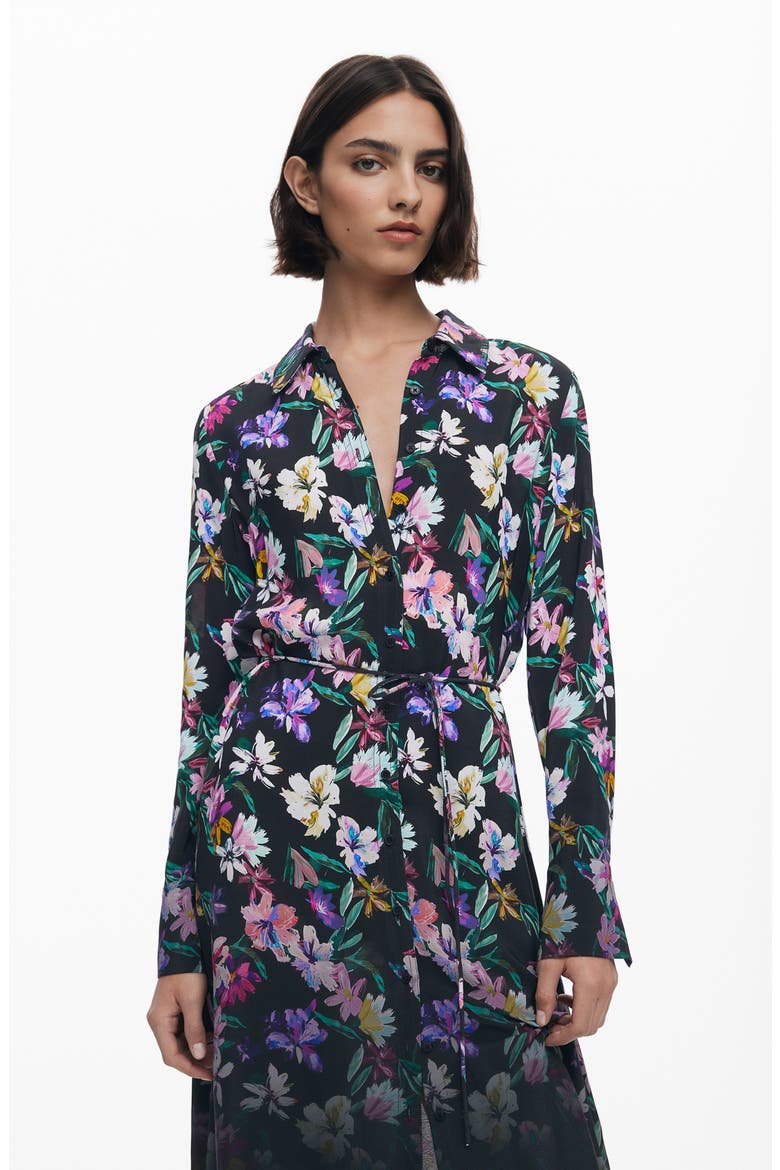 Belted Long Sleeve Midi Shirtdress, Alternate, color, BLACK