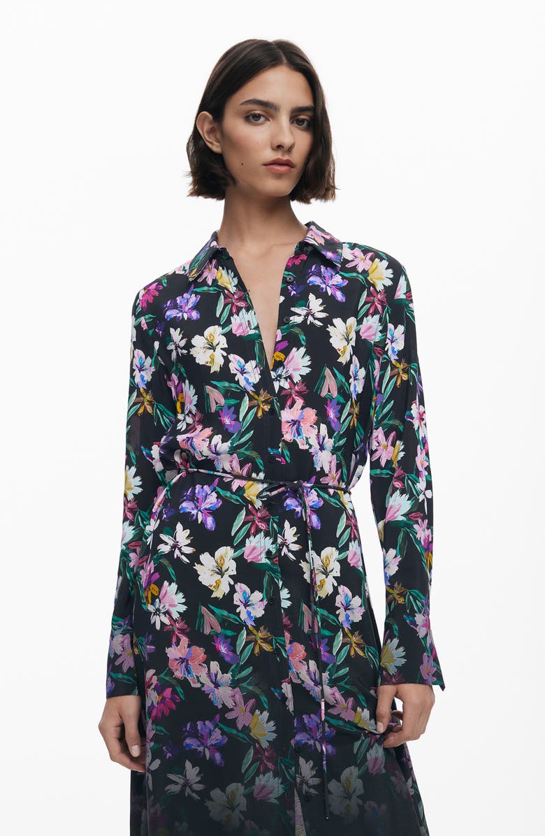 Desigual Belted Long Sleeve Midi Shirtdress, Alternate, color, Black